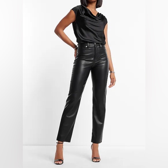 EXPRESS black high waisted straight leg faux leather pants NEW RE $107 w/t 12 - Picture 7 of 15